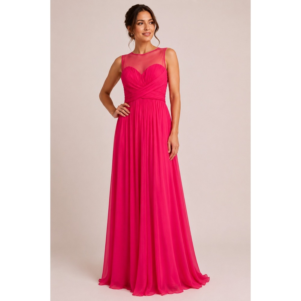Amsale Silk Chiffon Evening Gown Hot Pink Illusion Neck Formal Dress 8